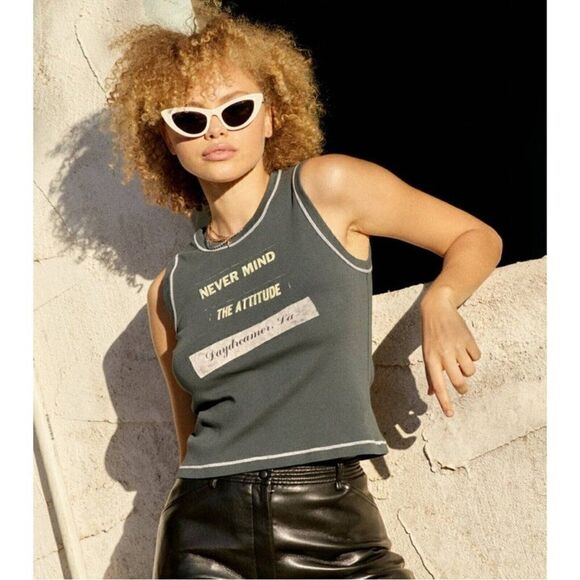 Nwt Daydreamer XS Never Mind the Attitude Baby Tee Muscle Tank Top Vintage Black - Picture 2 of 5